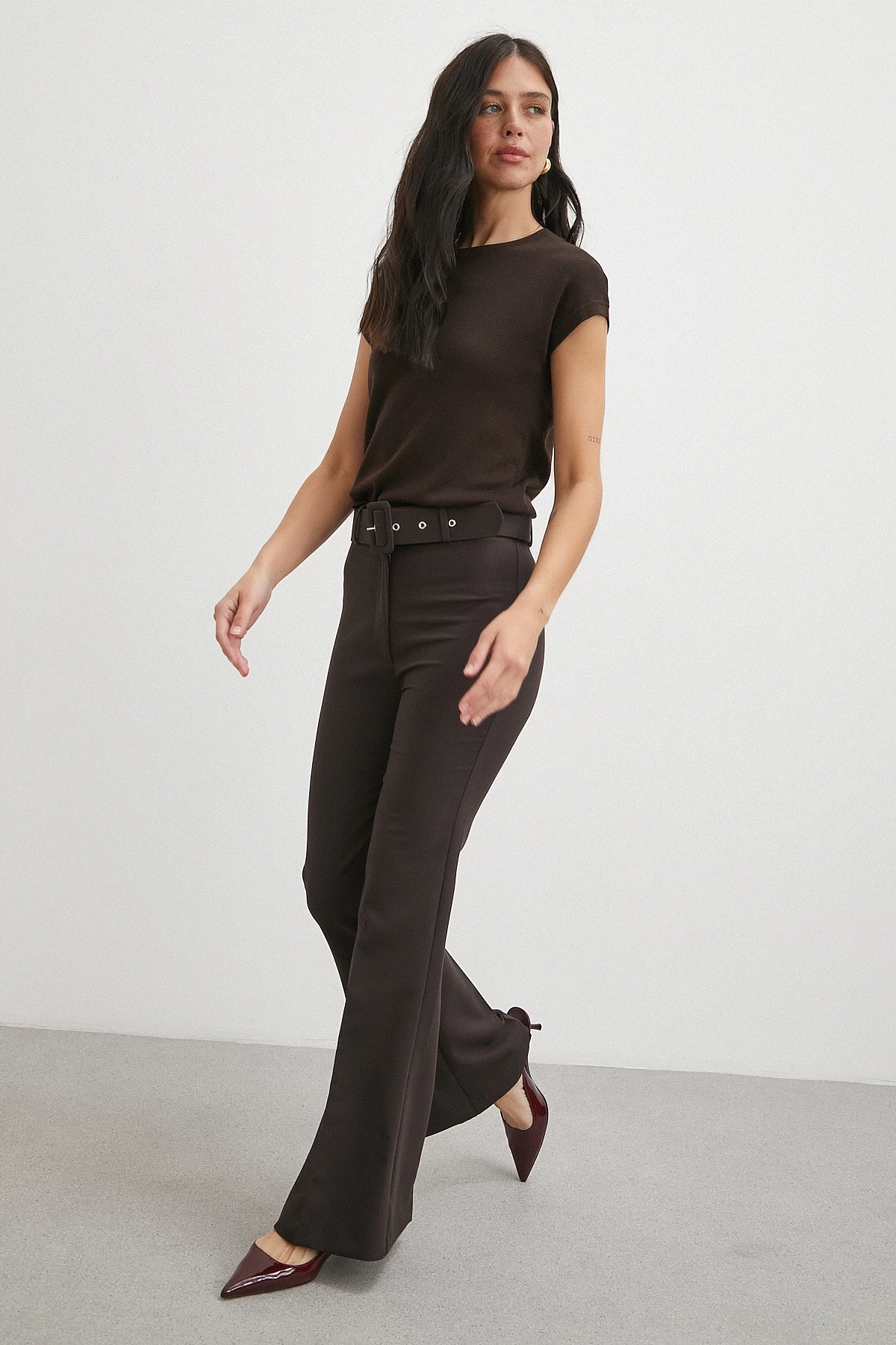 Kemerli İspanyol Paça Pantolon Kahve