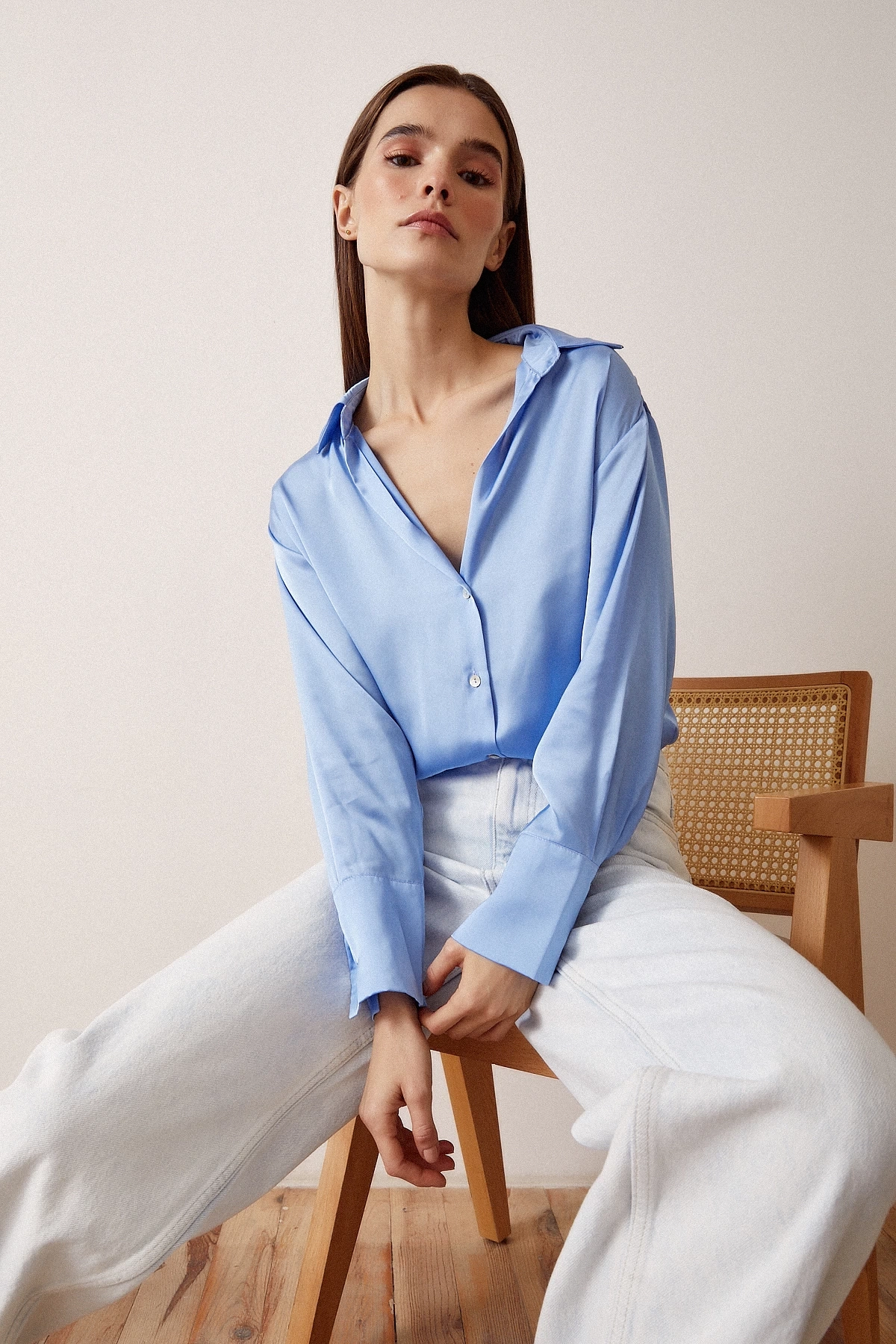 Basic Saten Gömlek Açık Mavi