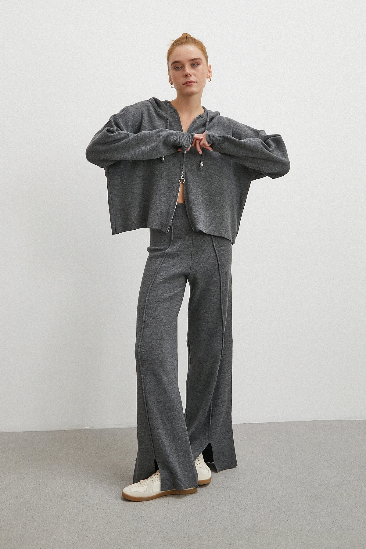 Çift Fermuarlı Kapüşonlu Pantolonlu Takım Gri