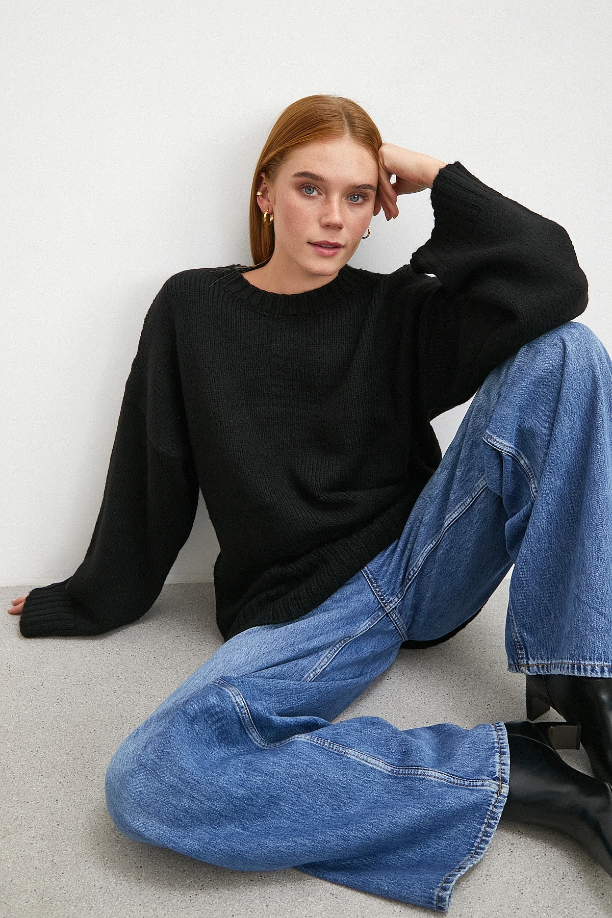 Bisiklet Yaka Fitilli Triko Kazak Siyah