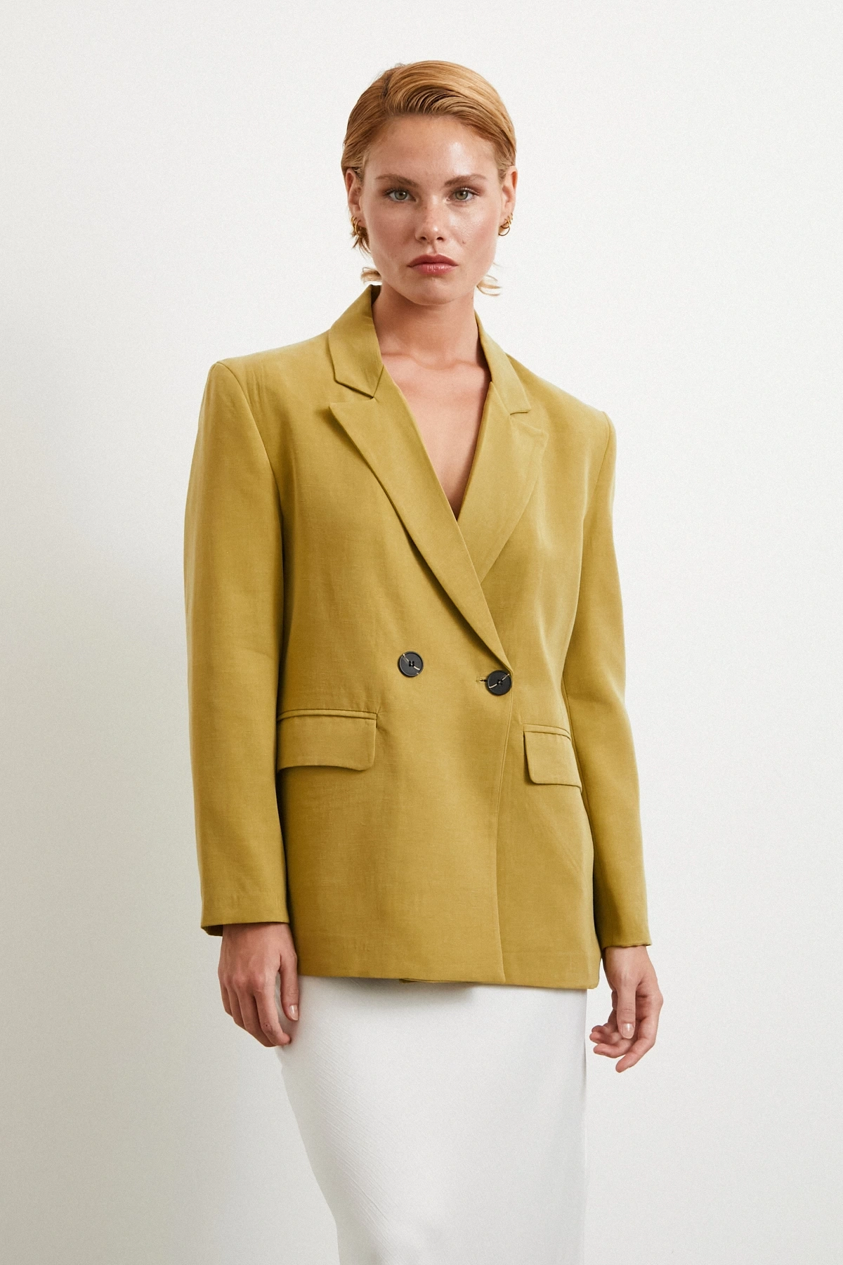 Çift Düğmeli Keten Blazer Ceket Olive