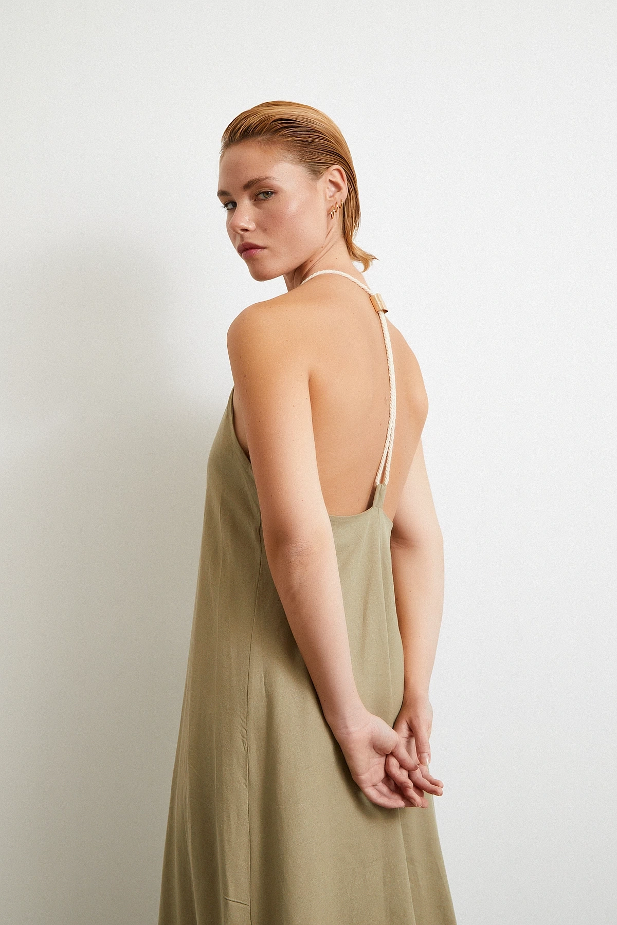 İp Askılı Keten Elbise Haki
