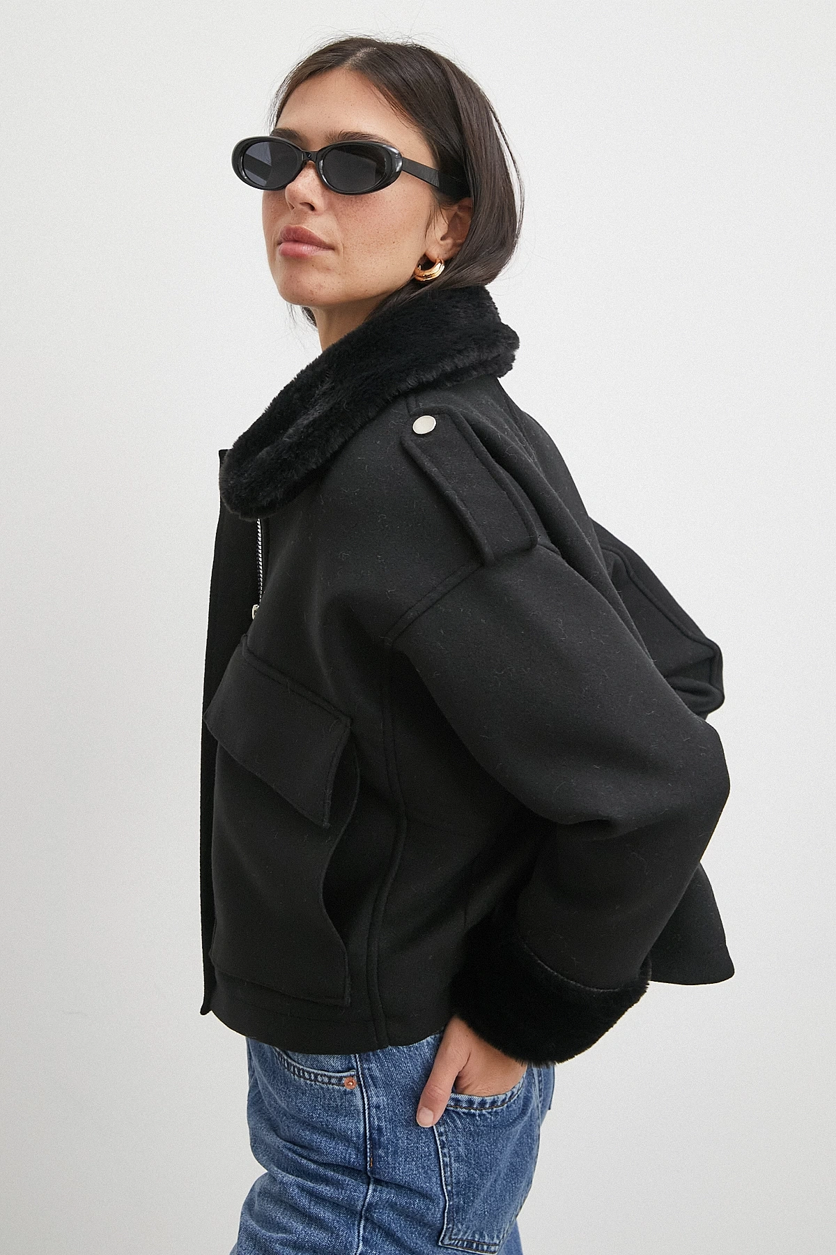 Apoletli Yünlü Körük Cepli Kaşe Mont Siyah