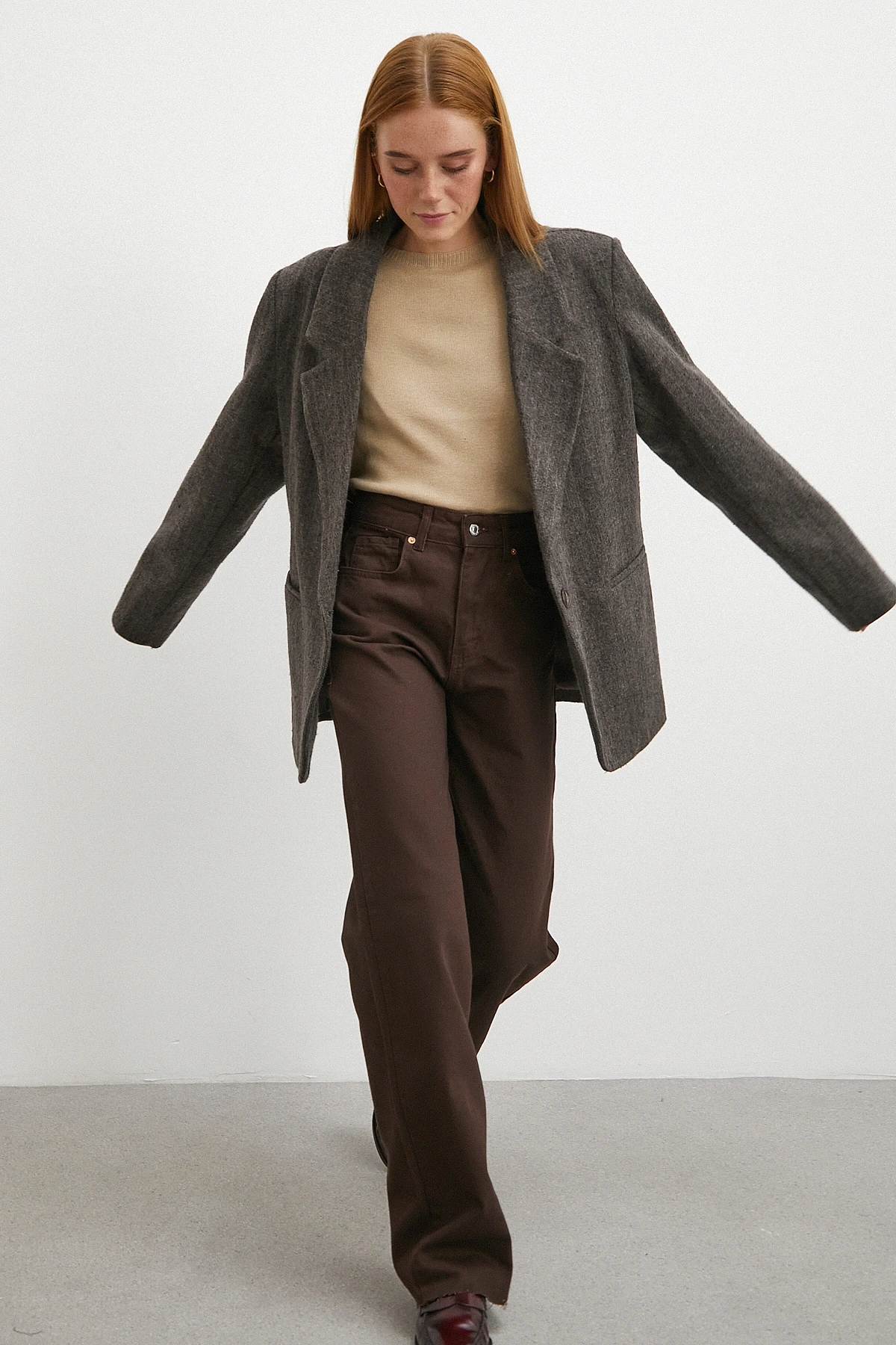 Yüksek Bel Kesik Boru Paça Jean Kahve