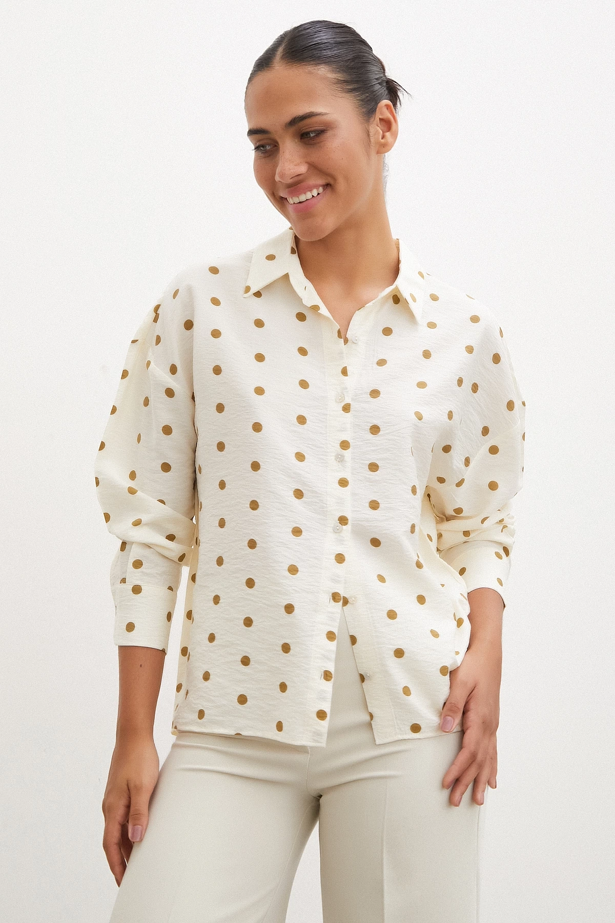 Puantiyeli Oversize Gömlek Kahve