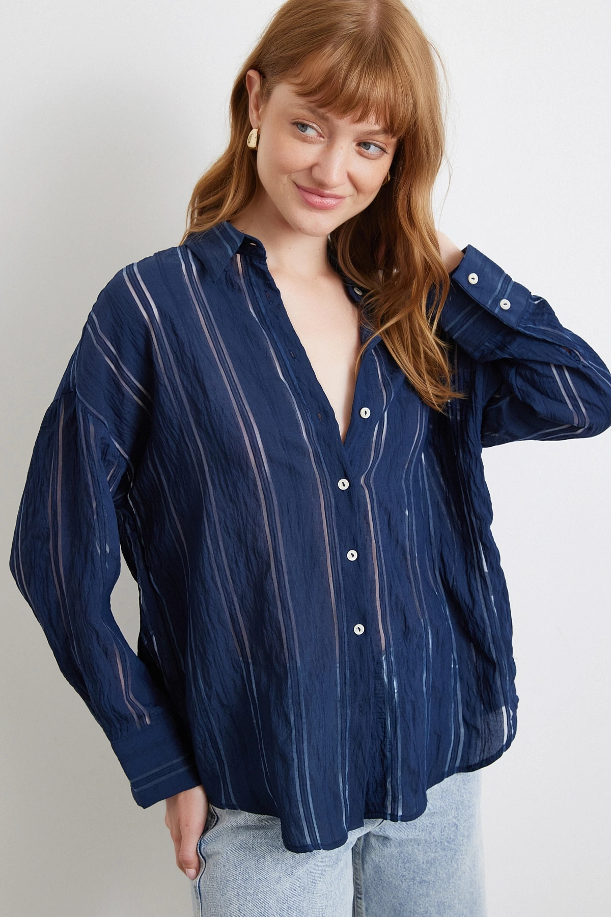 Organze Çizgili Gömlek Lacivert