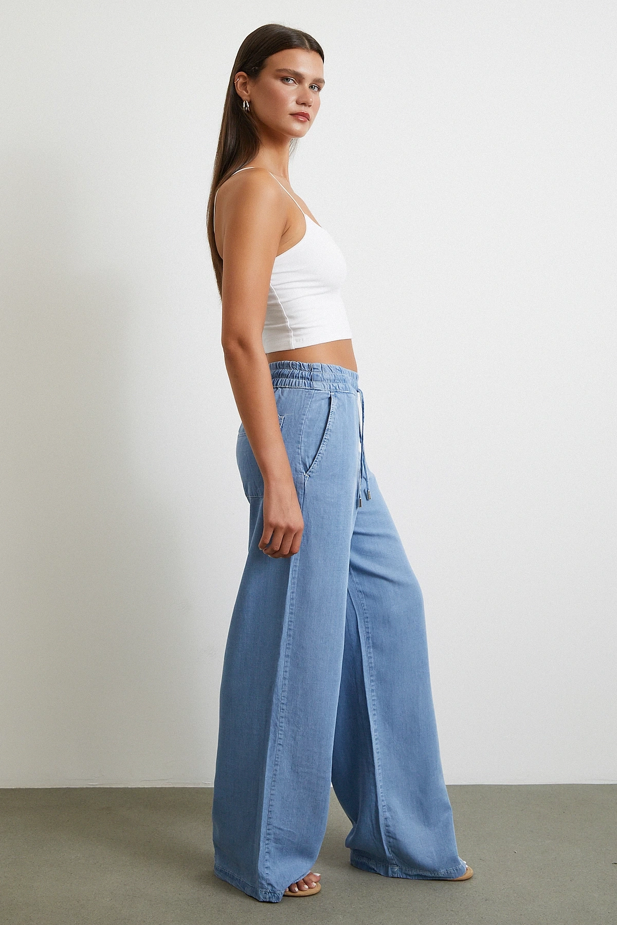 Beli Lastikli Bağcıklı Geniş Paça Pantolon Mavi