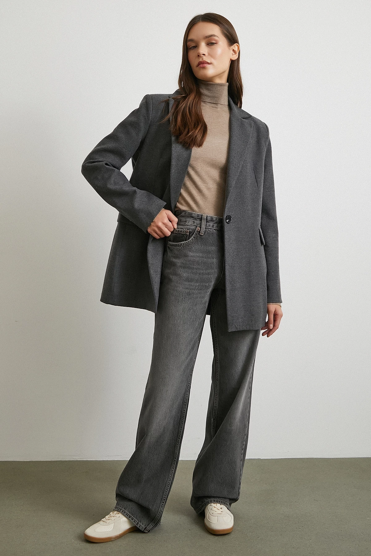 Beş Cepli Yüksek Bel Jean Gri