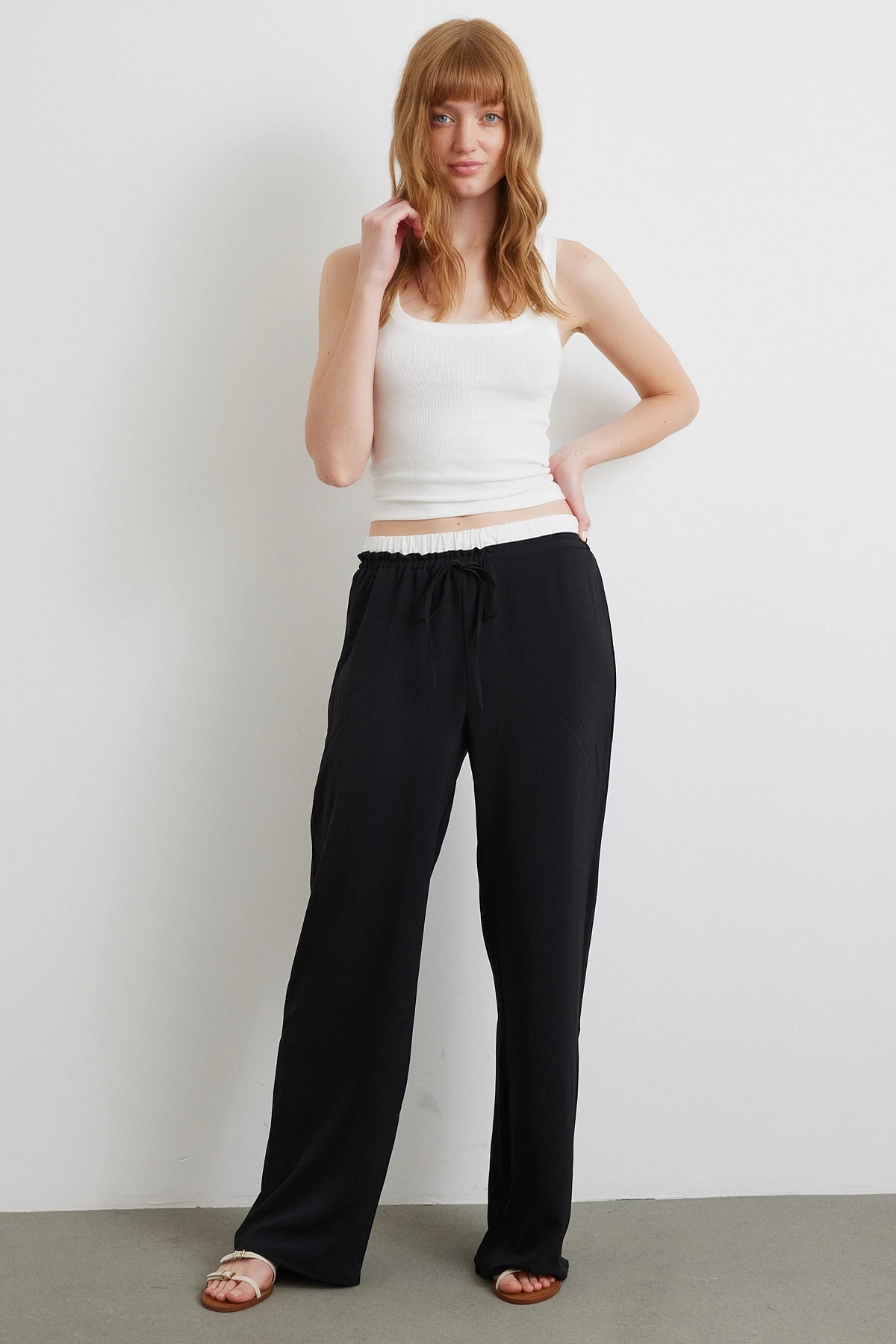 Bel Bantlı Wide Leg Pantolon Siyah