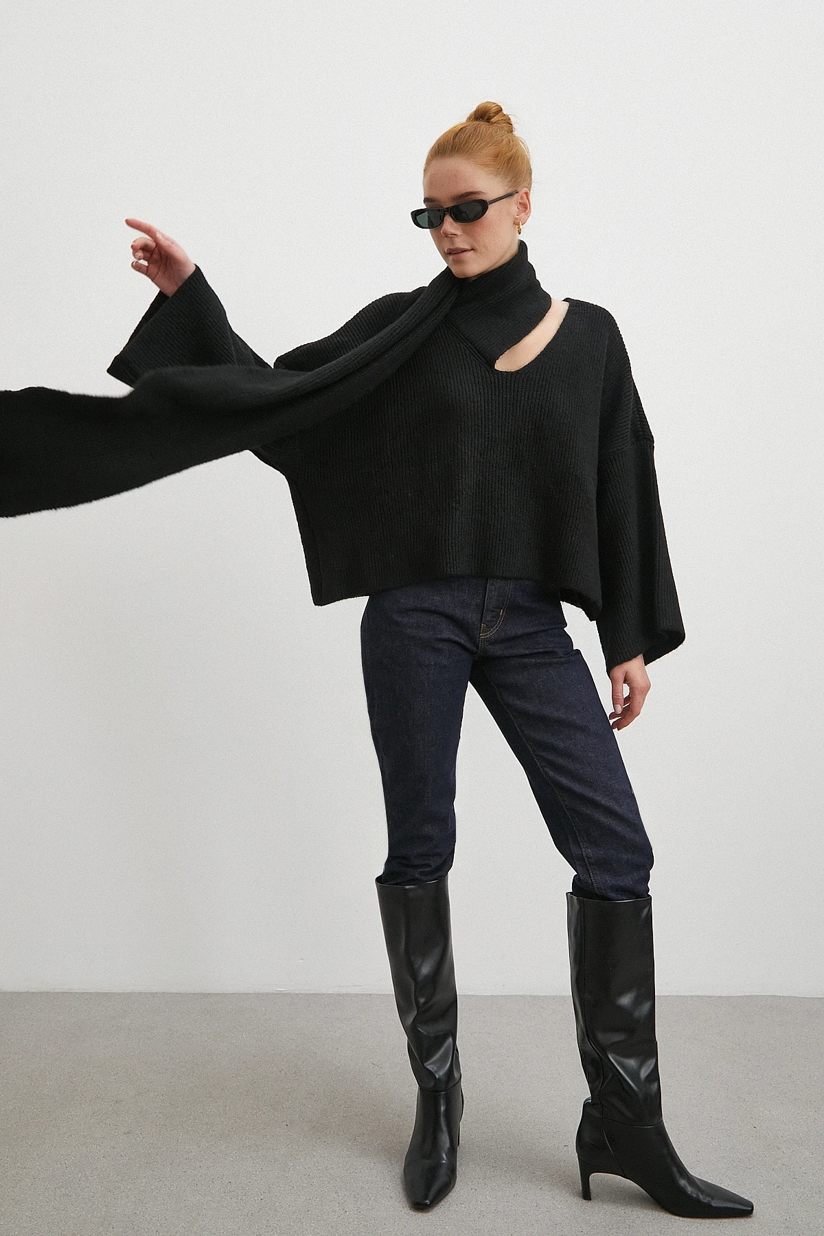 Fitilli Şal Yaka Kazak Siyah