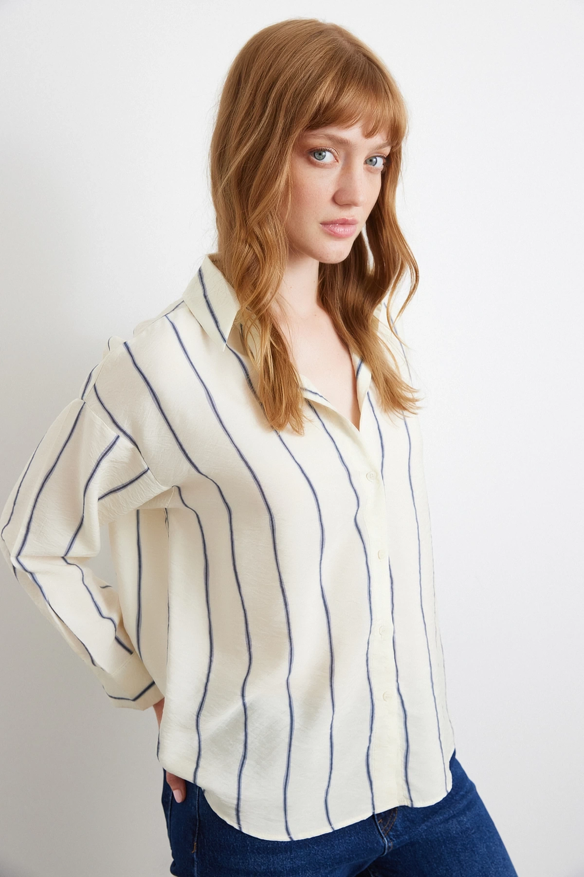 Çizgili Modal Gömlek İndigo