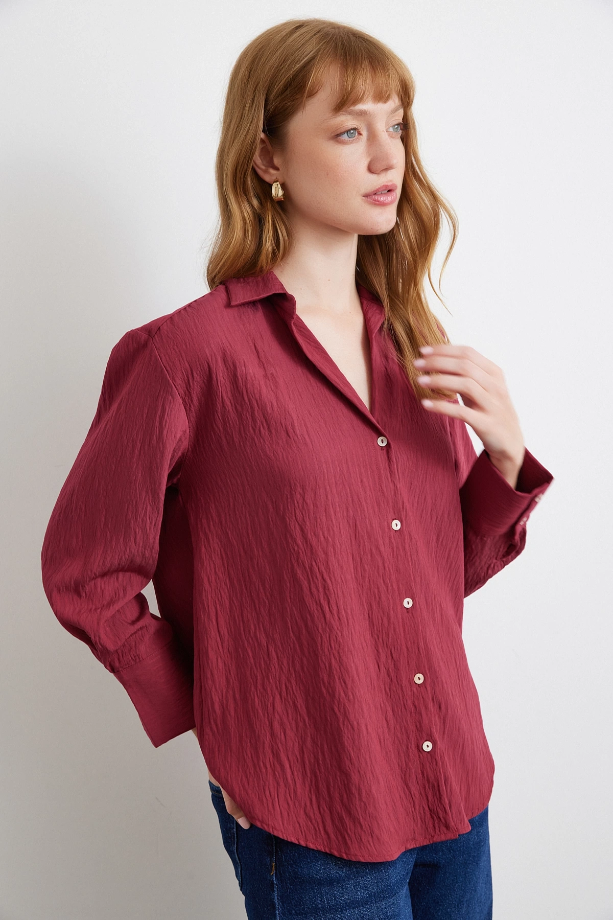 Paralel Çizgili Gömlek Bordo