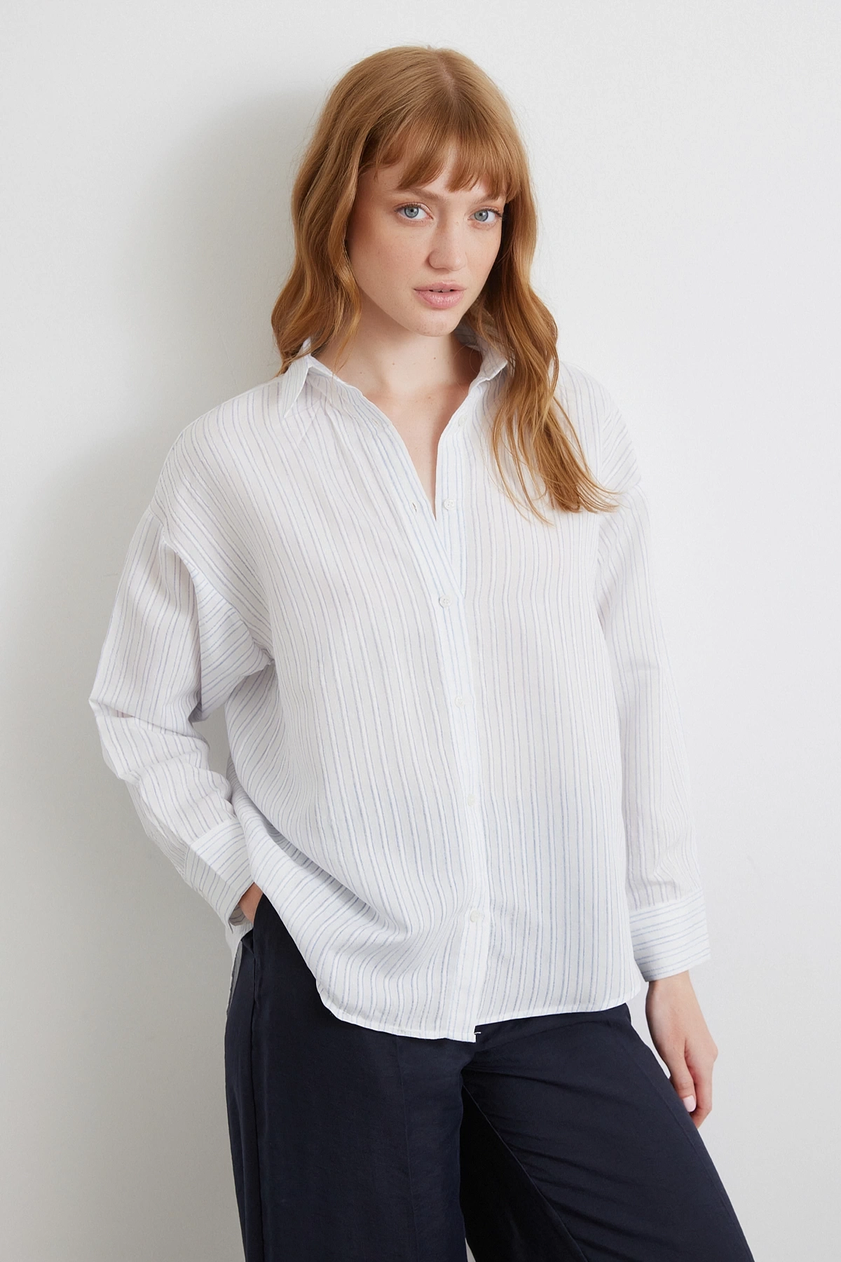 Simetrik Çizgili Gömlek Mavi