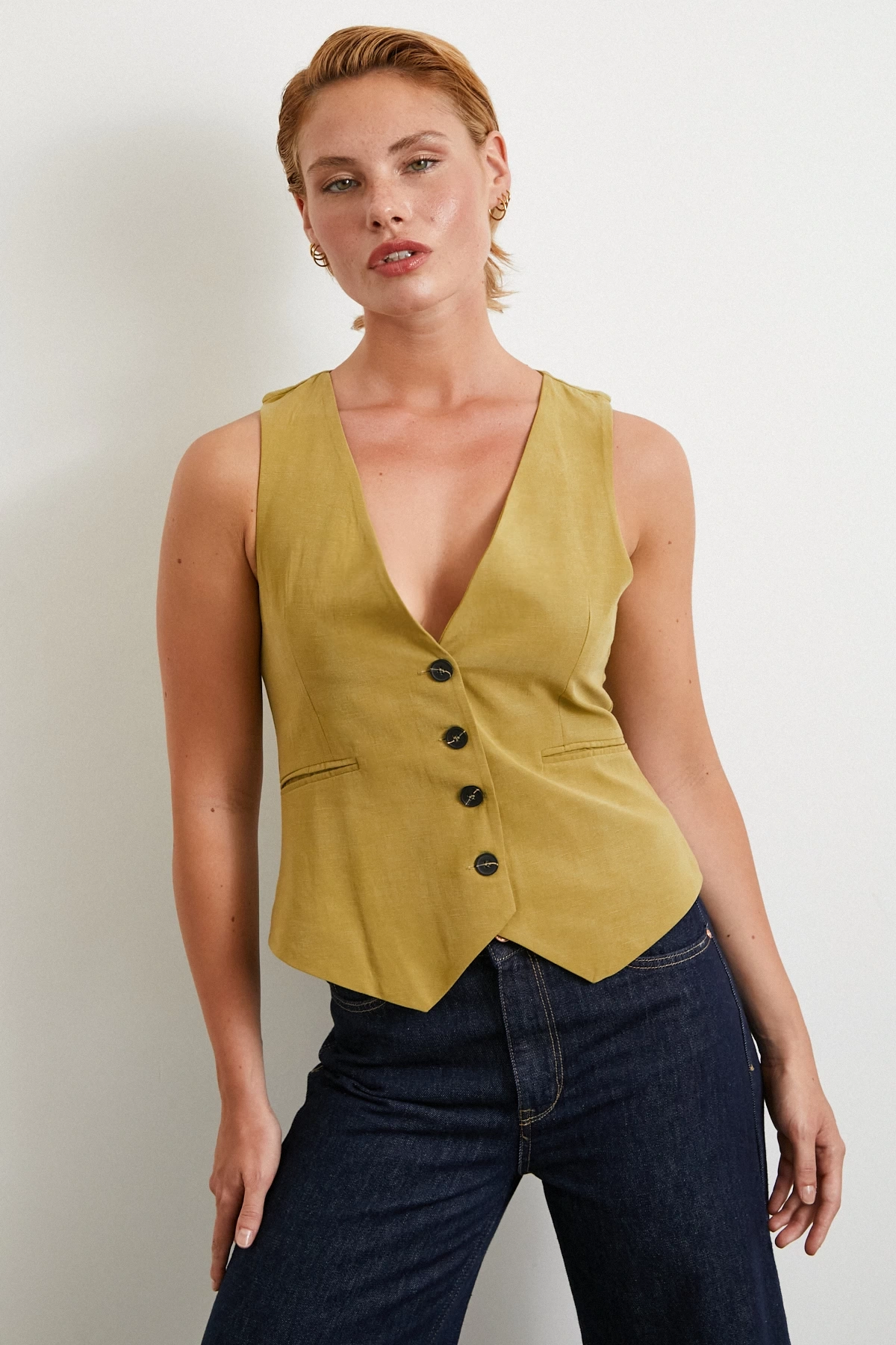 Cep Kapaklı Keten Yelek Olive