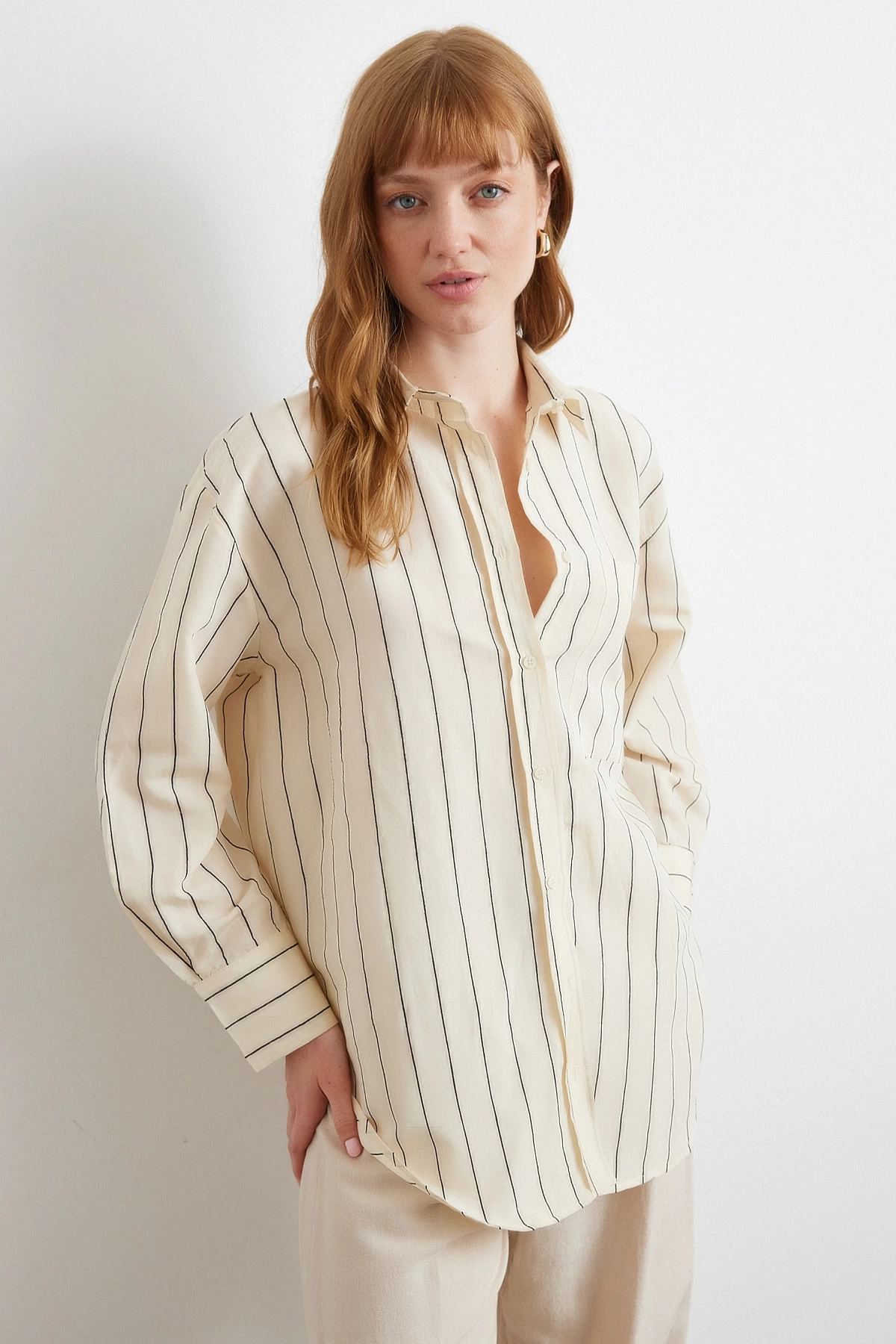 Kontrast Çizgili Modal Gömlek Siyah