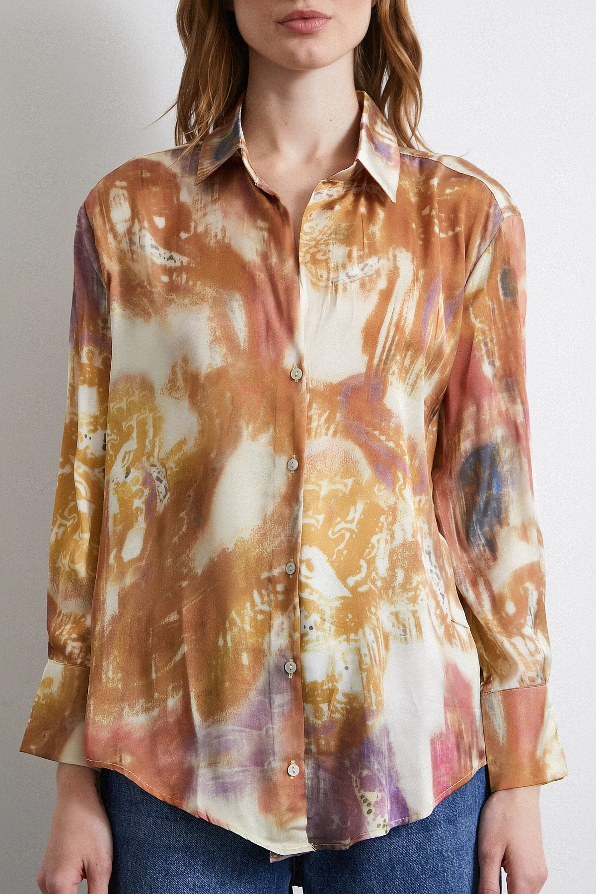 Desenli Saten Gömlek Lila