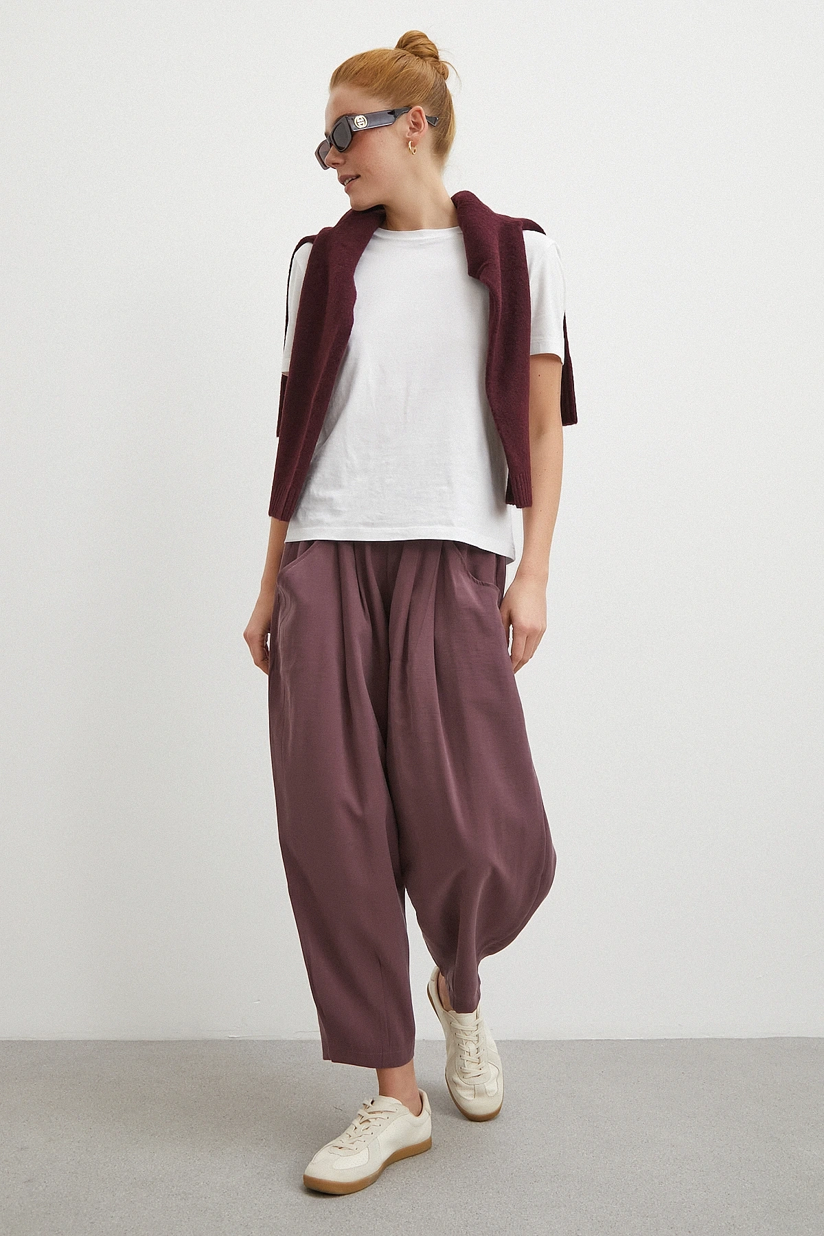 Bağcıklı Beli Lastikli Pileli Pantolon Mürdüm