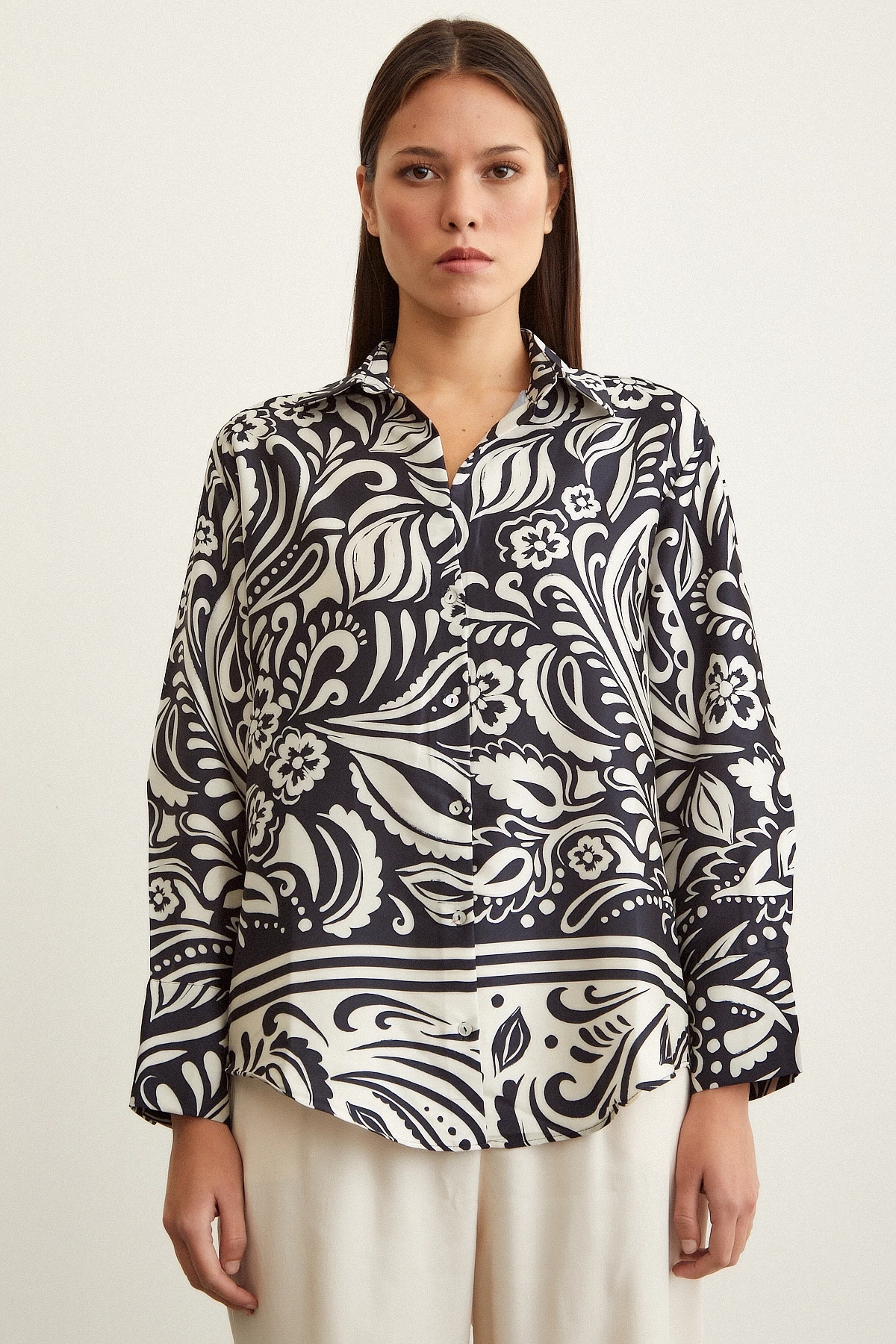 Renkli Baskılı Poplin Gömlek Mavi