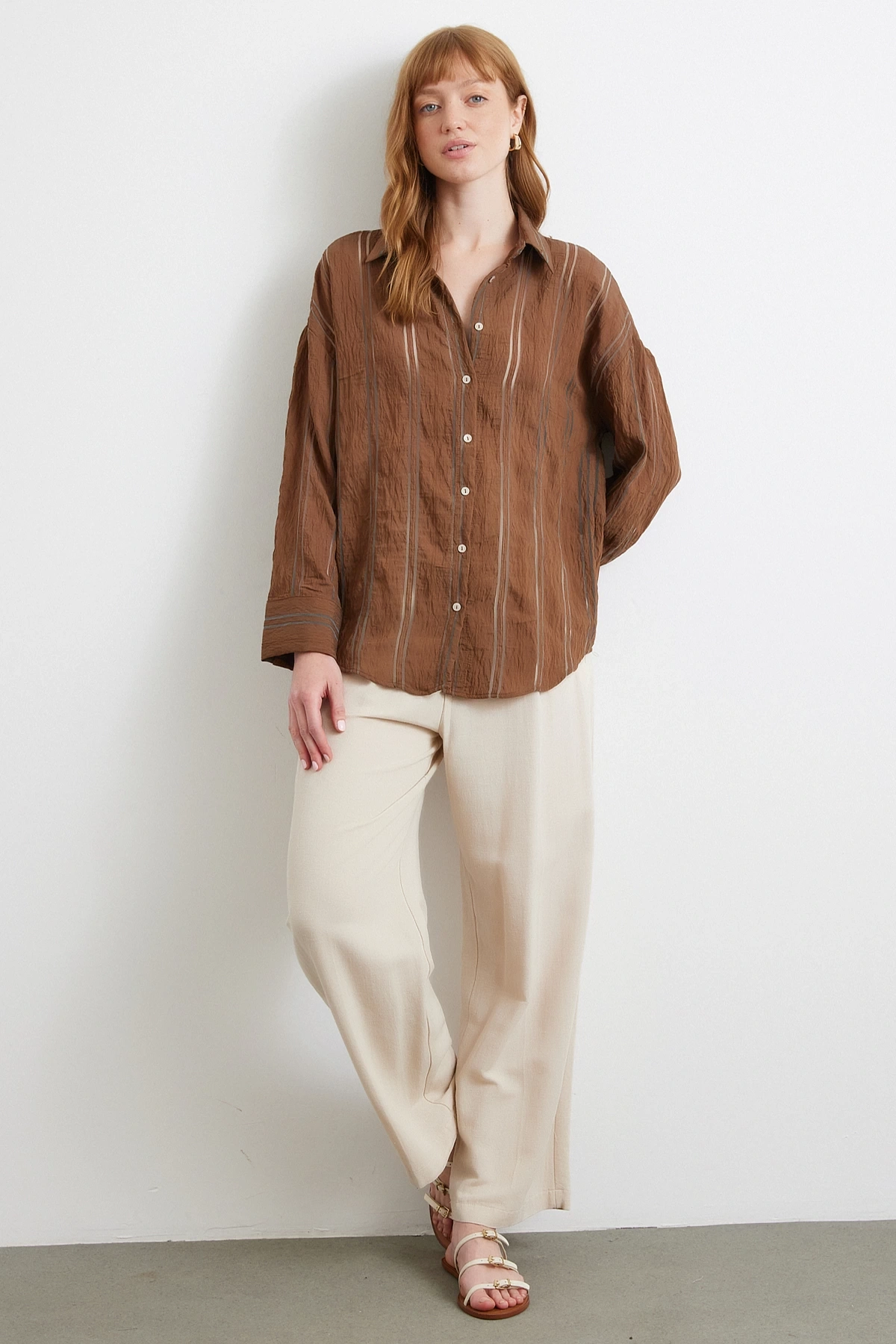 Organze Çizgili Gömlek Kahve