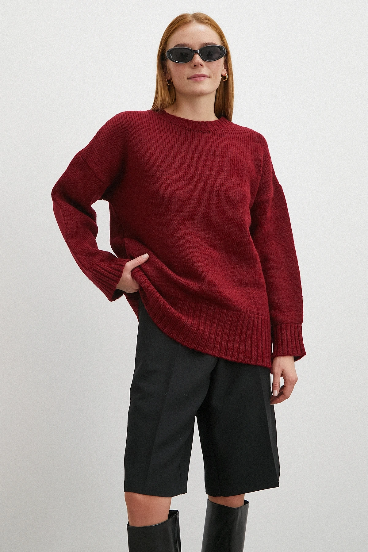 Bisiklet Yaka Fitilli Triko Kazak Bordo