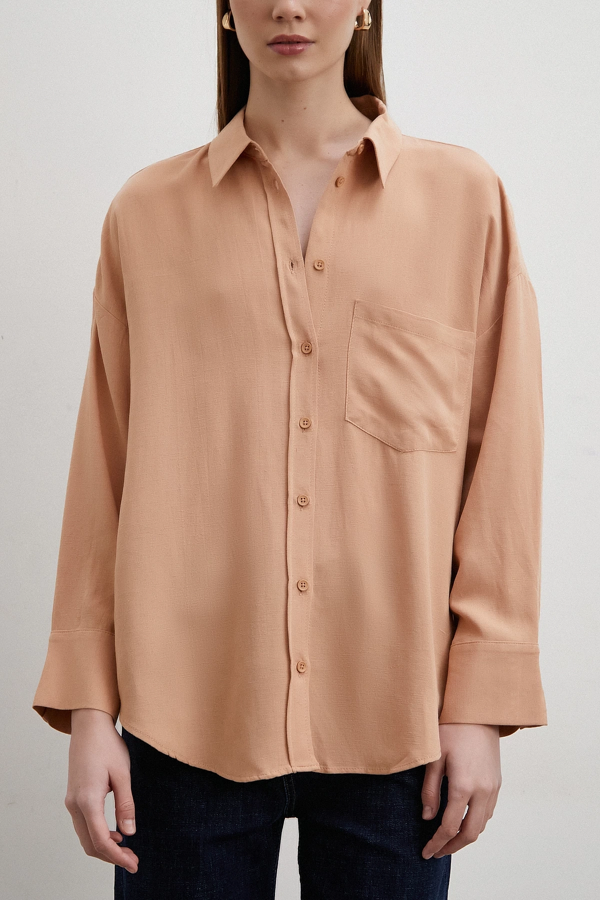 Keten Karışımlı Linen Prunes Gömlek Pudra