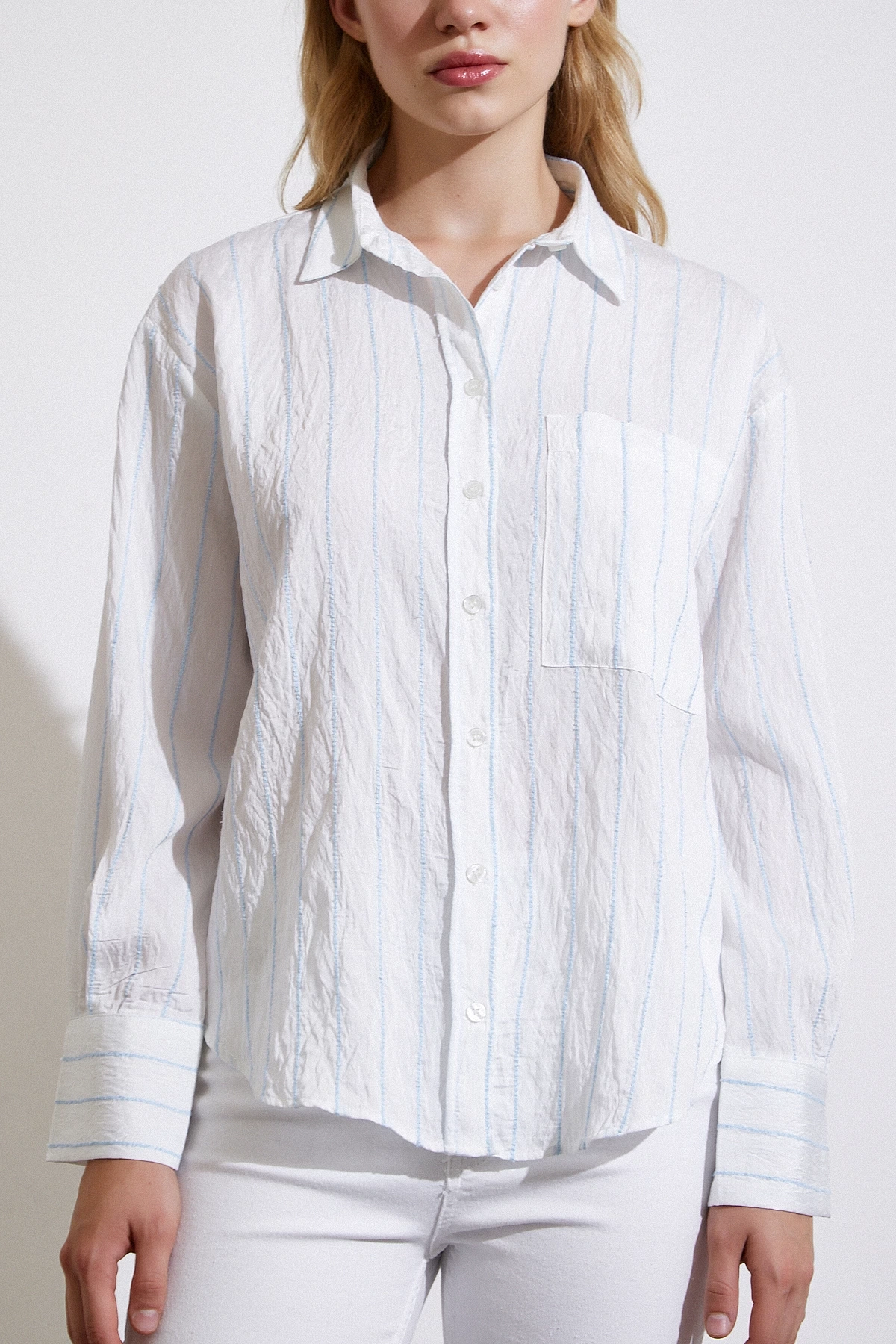 Çizgili Cepli Gömlek Mavi