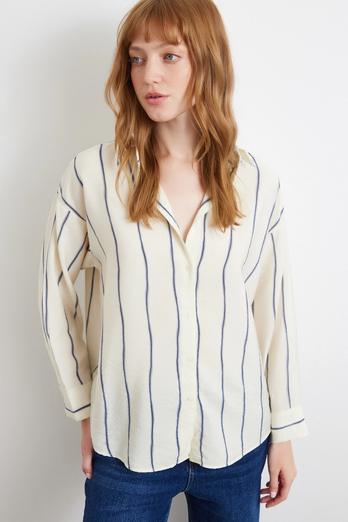Çizgili Modal Gömlek İndigo