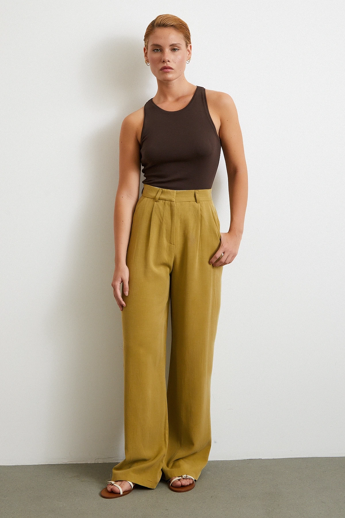 Keten Palazzo Pantolon Olive