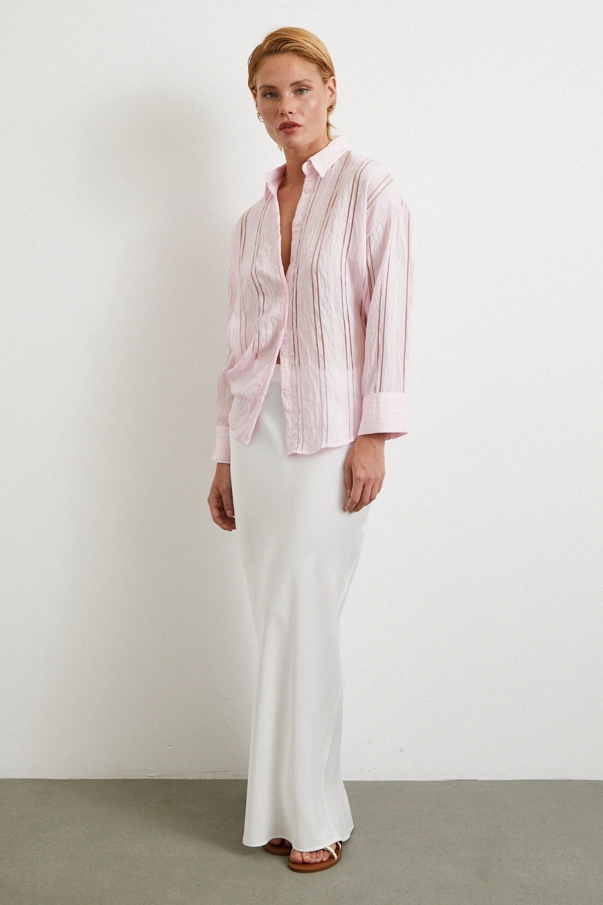 Organze Çizgili Gömlek Pembe