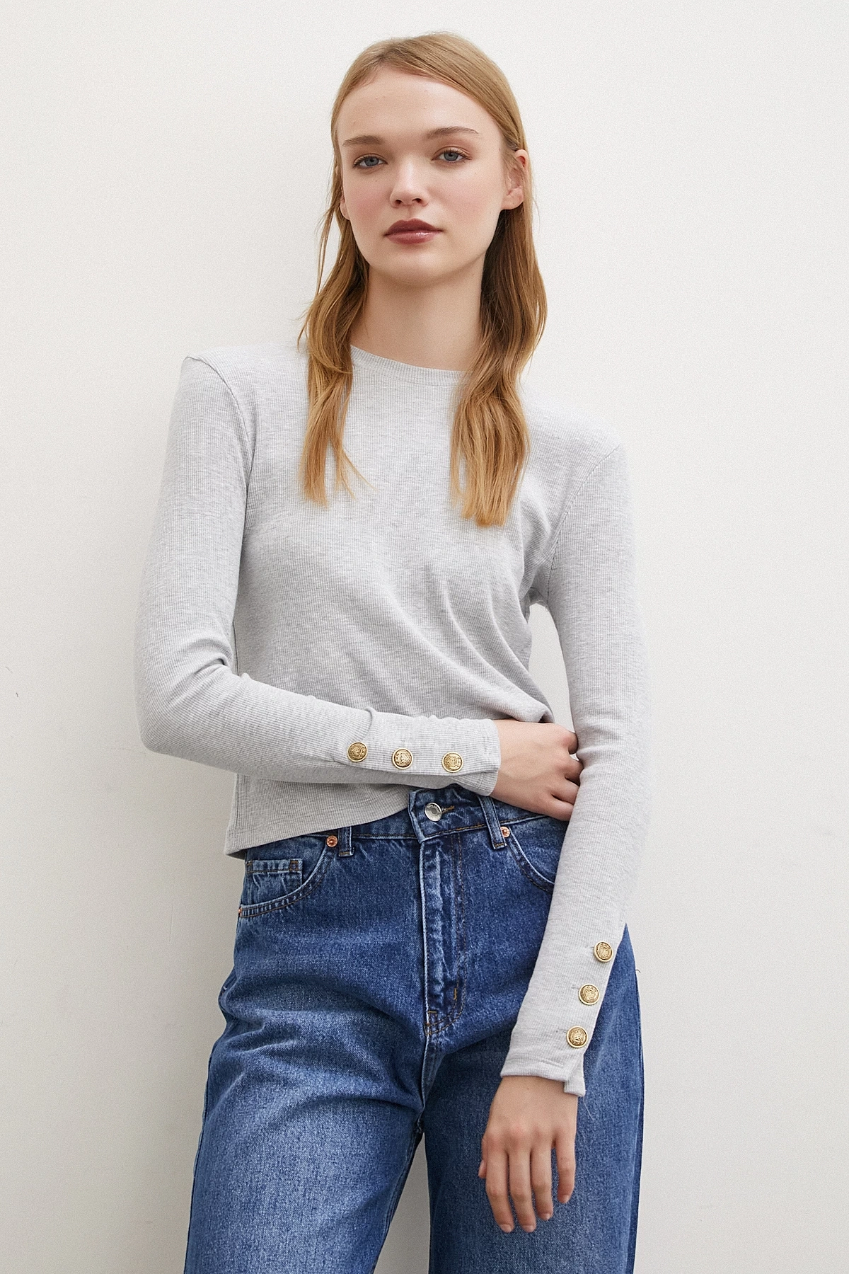 Kollu Düğmeli Bluz Gri