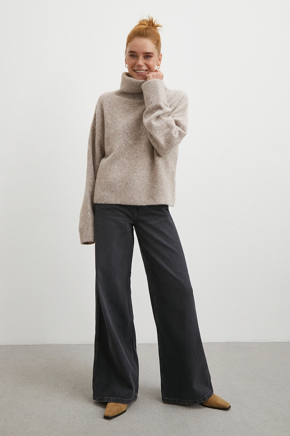 Yüksek Bel Geniş Paça Jean Siyah