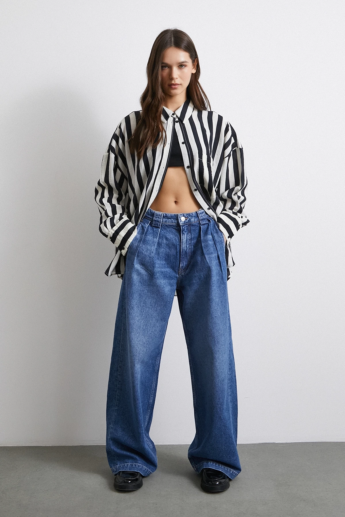 Yüksek Bel Pileli Geniş Paça Jean Mavi