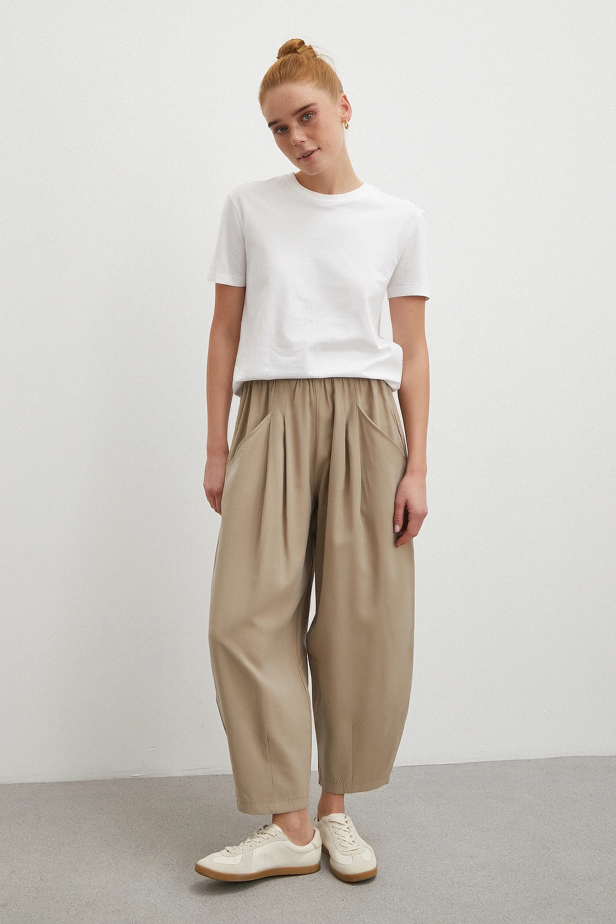 Bağcıklı Beli Lastikli Pileli Pantolon Taş