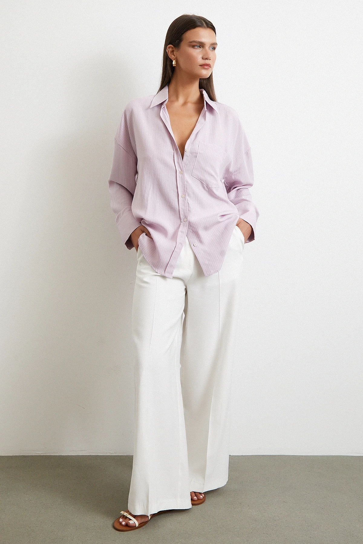 Cepli Çizgili Gömlek Lila