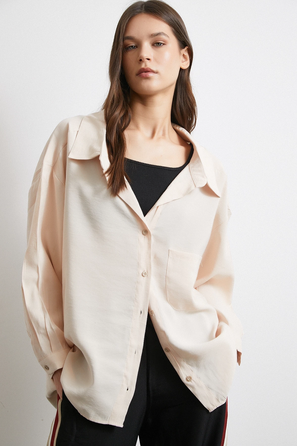 Oversize Cepli Modal Gömlek Bej