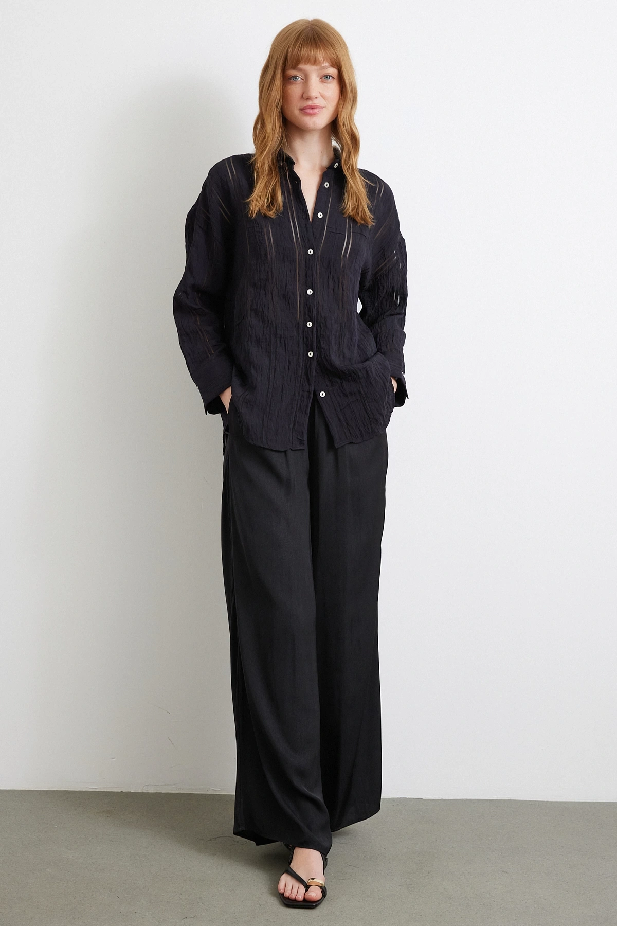 Organze Çizgili Gömlek Siyah