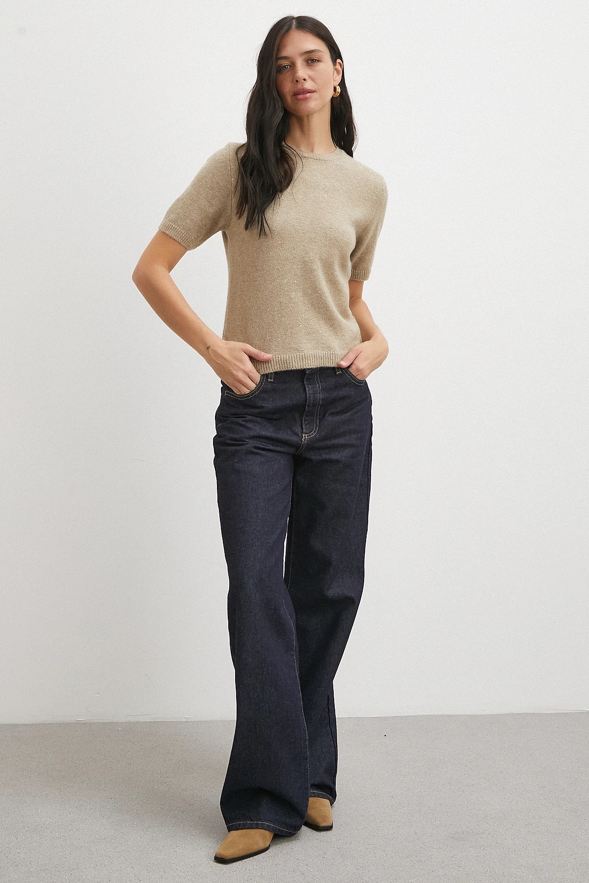 Simli Kısa Kol Kazak Vizon