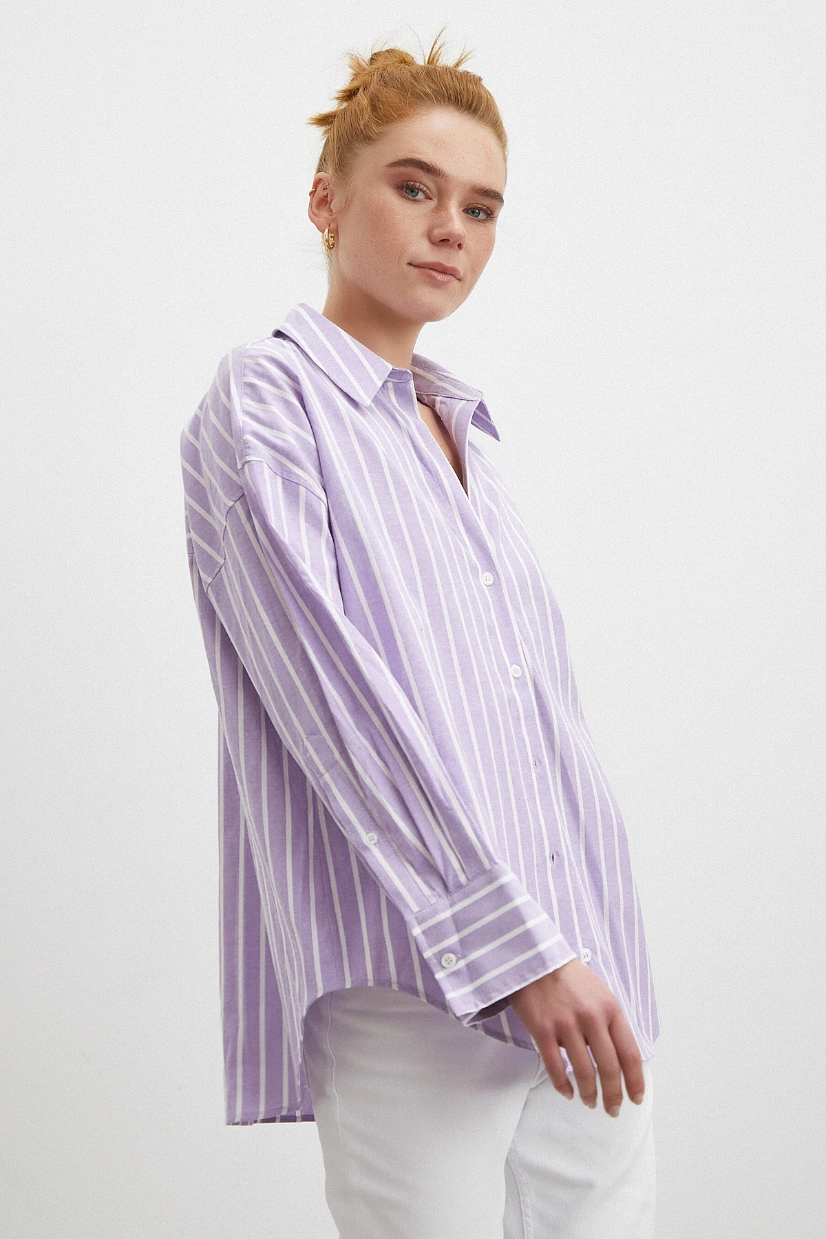 Uzun Kollu Çizgili Gömlek Lila