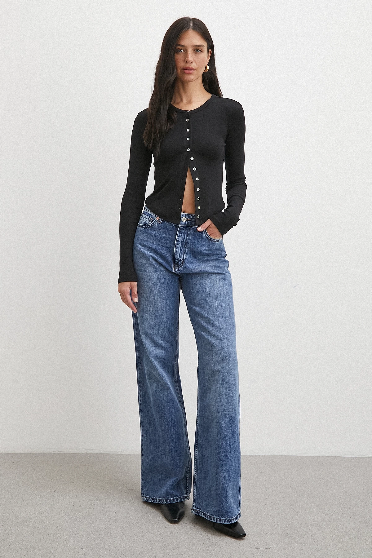 Düğmeli Uzun Kol Bluz Siyah