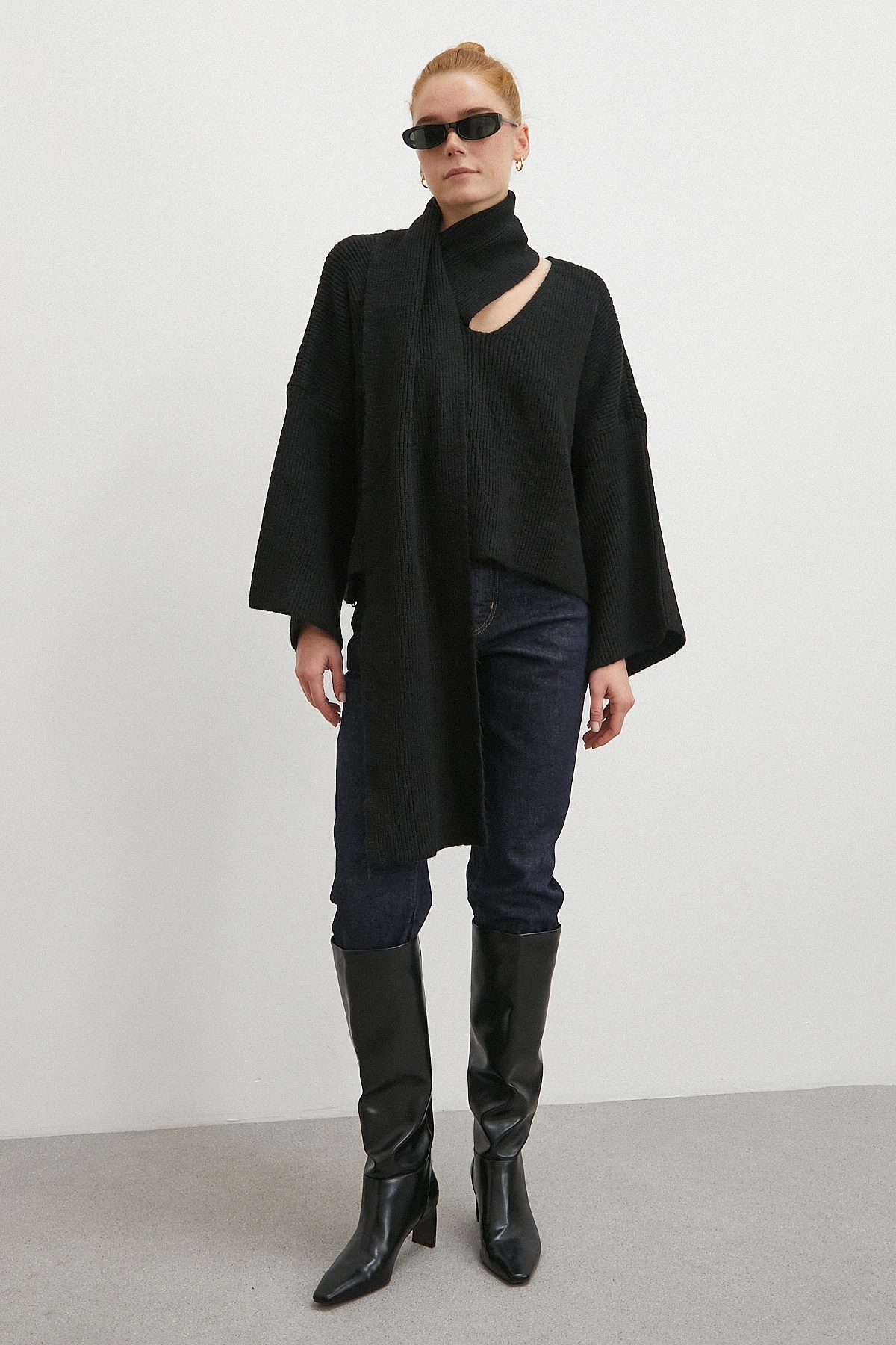 Fitilli Şal Yaka Kazak Siyah