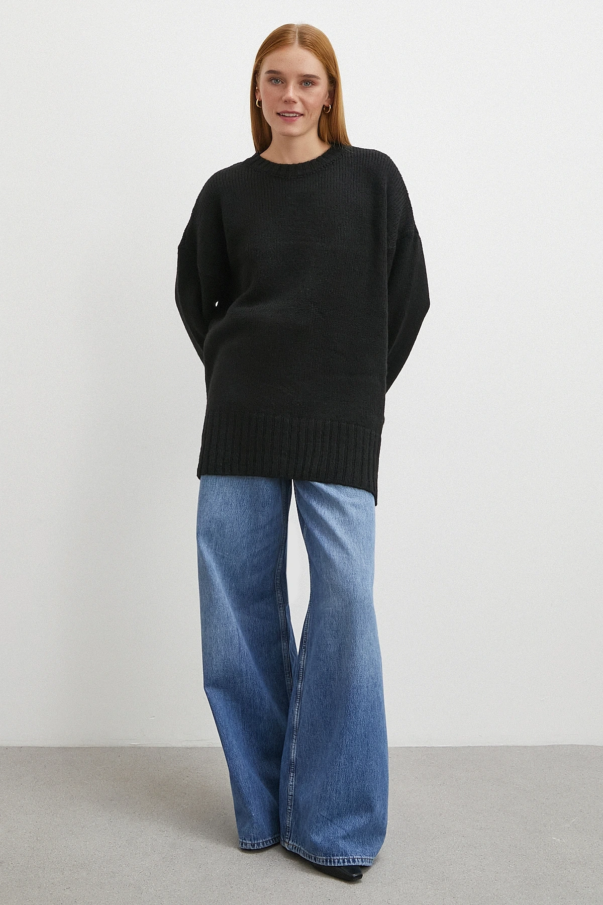 Bisiklet Yaka Fitilli Triko Kazak Siyah