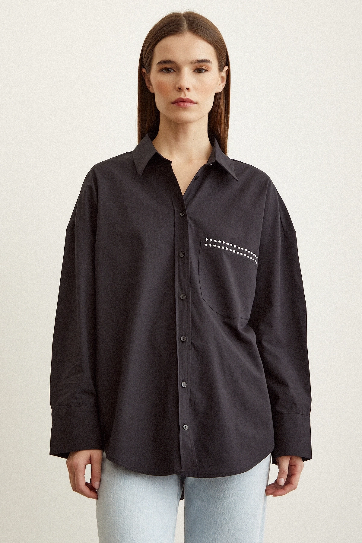 Taş Detaylı Poplin Gömlek Siyah