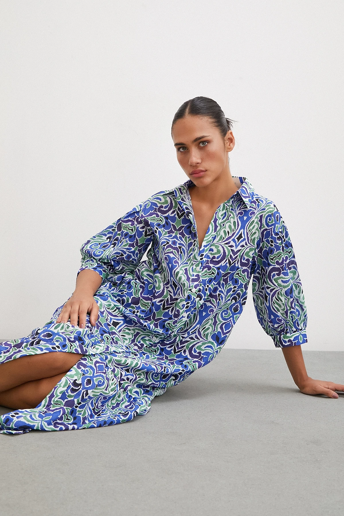 Önü Düğmeli Fakir Kol Elbise Lacivert