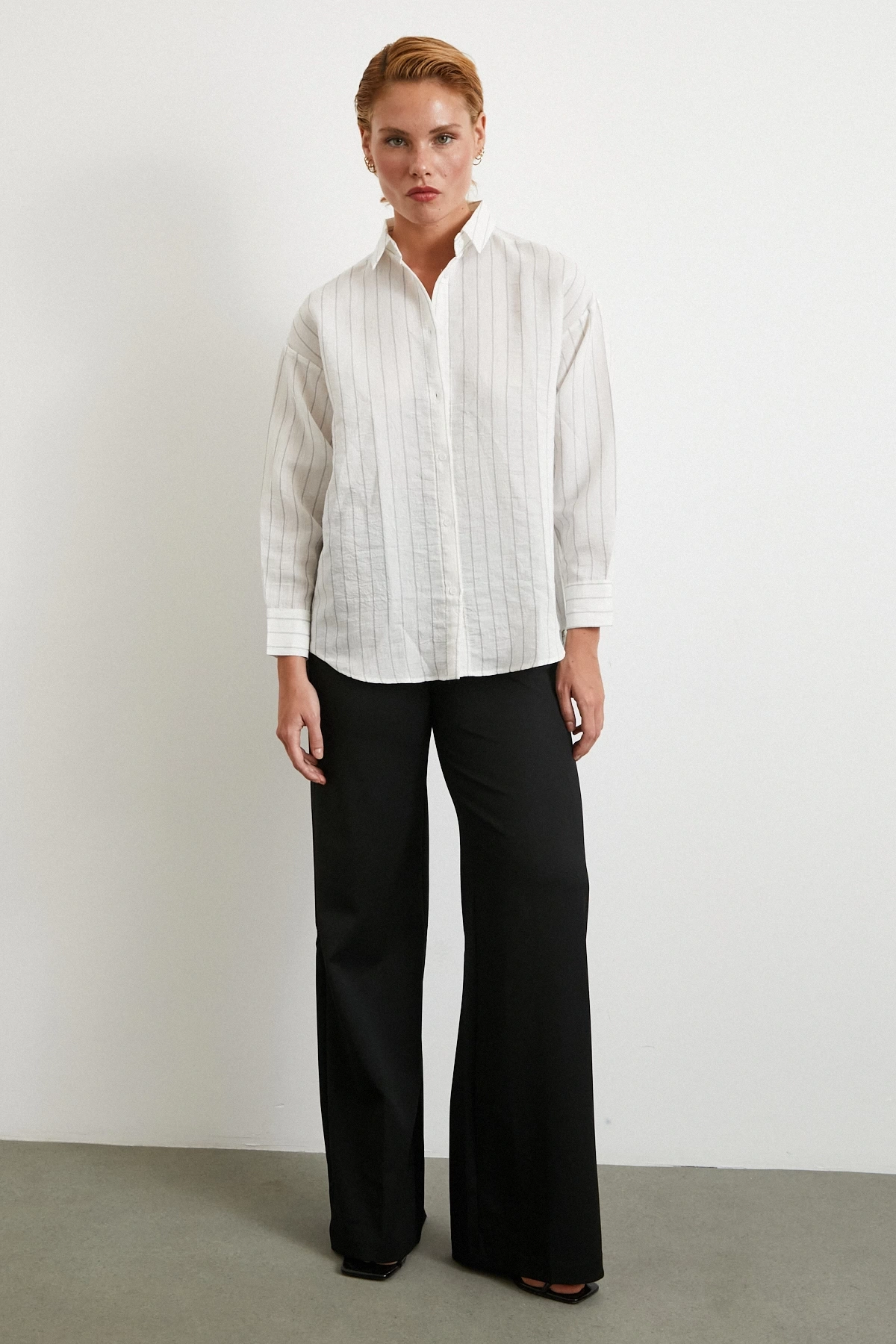 Pamuklu Çizgili Gömlek Beyaz