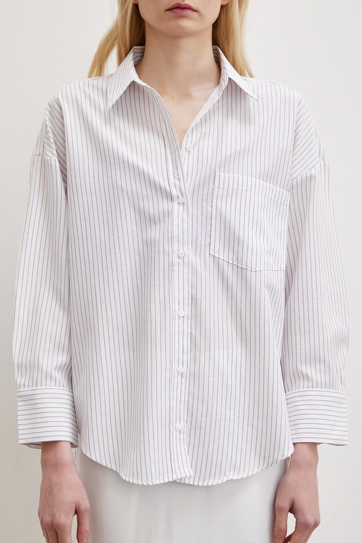 Çizgili Pamuklu Gömlek Ekru