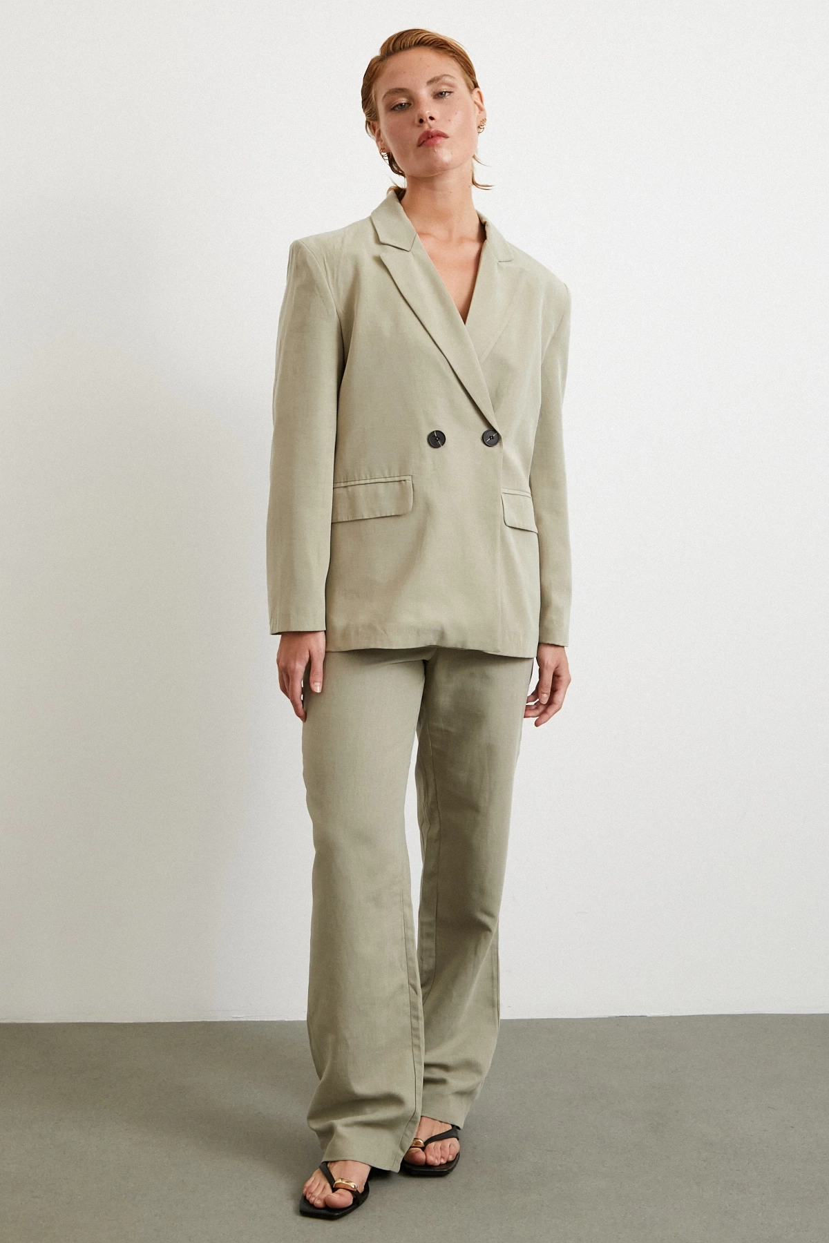 Çift Düğmeli Keten Blazer Ceket Gri