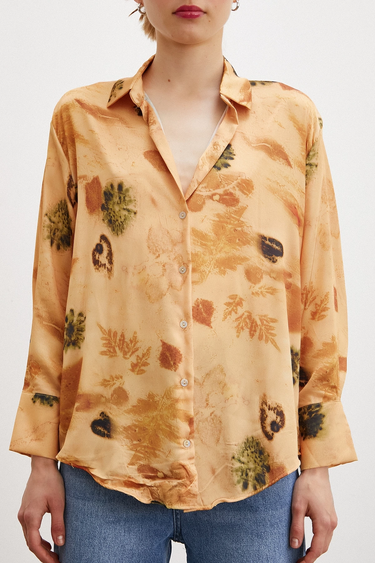 Desenli Saten Gömlek Somon