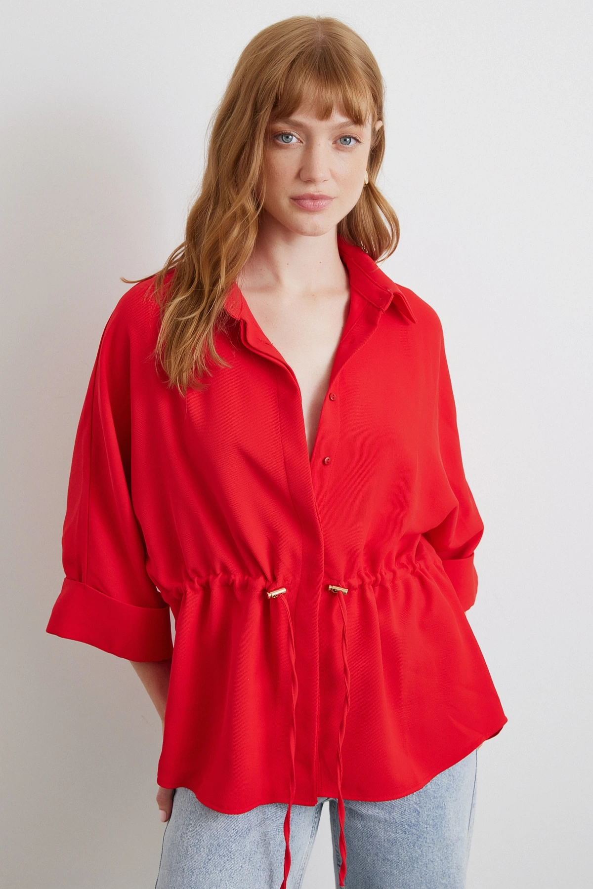 Büzgülü Kimono Gömlek Kırmızı