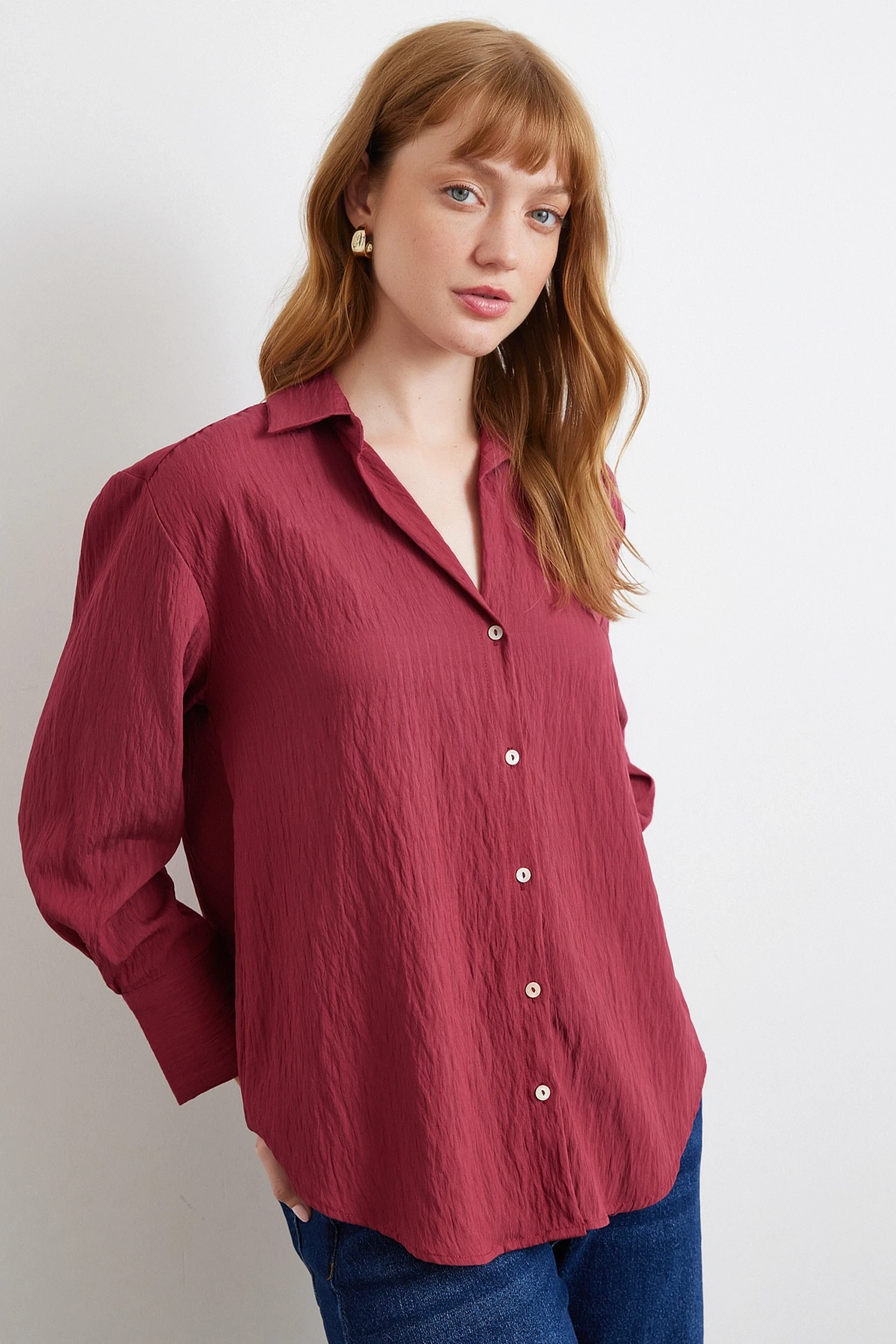 Paralel Çizgili Gömlek Bordo