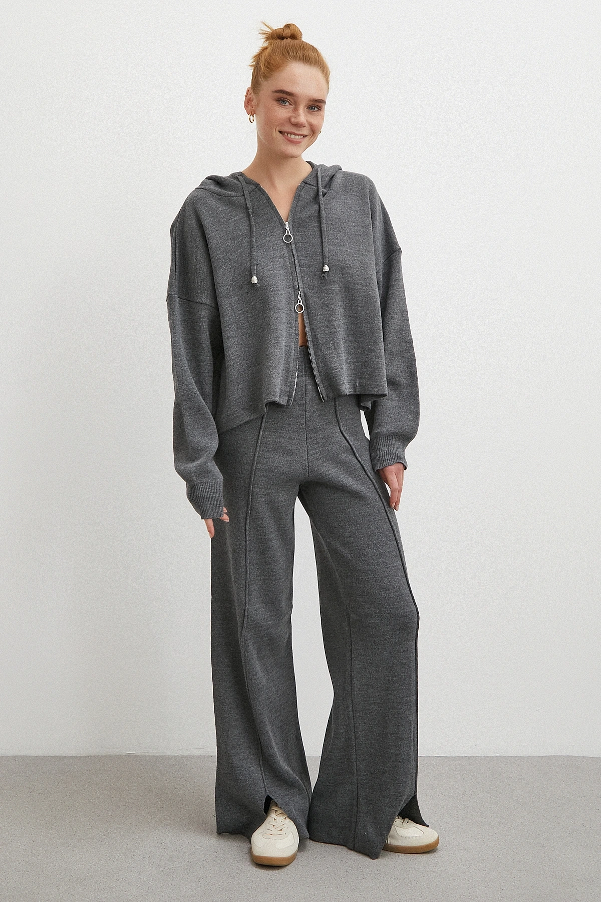 Çift Fermuarlı Kapüşonlu Pantolonlu Takım Gri